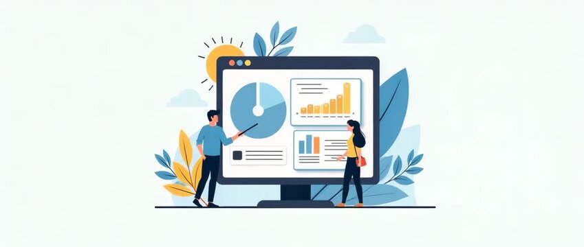 Dynamic infographic presentation with animated graphs and charts on a computer screen; characters interact and discuss data insights while the camera gently pans across the modern, minimalist scene.