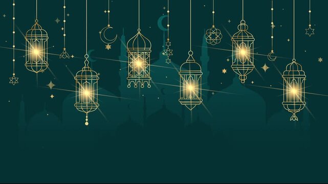Ramadan kareem animation with lanterns, crescent moons, and mosque silhouettes  perfect for social media posts and greeting cards.