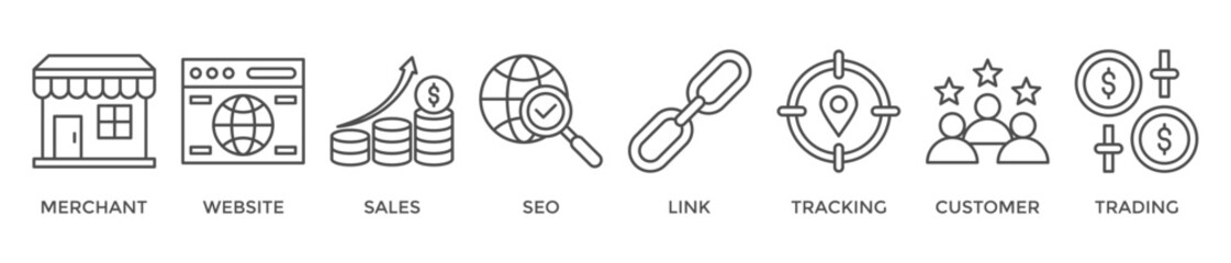 Affiliate marketing banner web icon vector illustration concept with icon of merchant, website, sales, seo, link, tracking, customer and trading