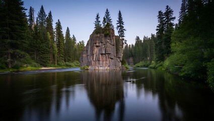 Serene river landscape with rugged rock formation and lush greenery
