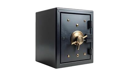 Solid, black security safe with a brass dial, hinges, and golden rivets against a dark backdrop