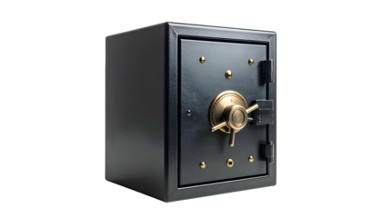 Solid, black security safe with a brass dial, hinges, and golden rivets against a dark backdrop
