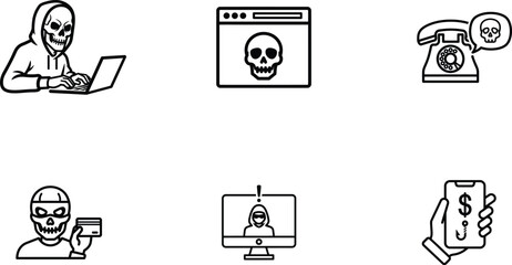 Fototapeta premium Cybercrime and online security threat icons with skulls and hackers online safety concept