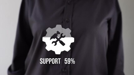 Technical support percentage. Businessperson pointing to a fill animation and counter for the technical support icon.