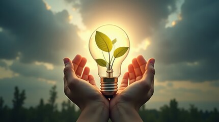 Hands holding a light bulb with a growing plant