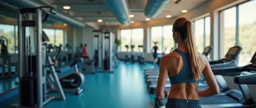 Fit woman jogging on treadmill in modern gym, camera slowly tracking right, ambient motion with fitness enthusiasts exercising, cinematic style.