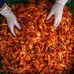 Hands sorting dried red chilies