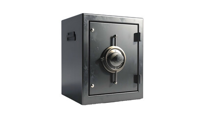 A slightly aged steel safe, isolated, with combination dial and lock mechanism