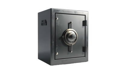 A slightly aged steel safe, isolated, with combination dial and lock mechanism