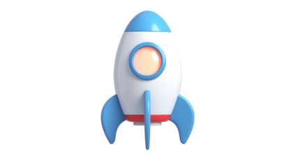 A 3D rendered cartoon rocket ship, white body, blue fins, and red accents, on black backdrop