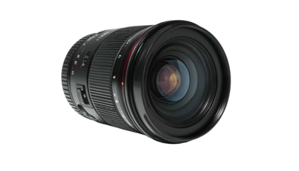 Angled shot of a high-quality camera lens, revealing inner elements