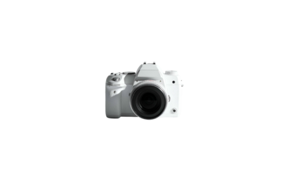 A modern white digital camera isolated against a stark, black background, centered and in focus