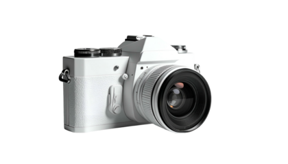 A white digital camera is shown isolated on a black background, angled towards the viewer
