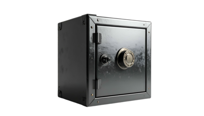A dark, metallic safe with a combination dial and lock, on a black background