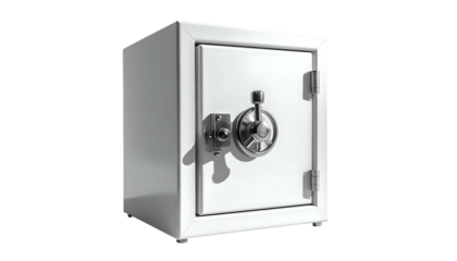 A white, metal, rectangular safe with a combination dial and handle, against a black background