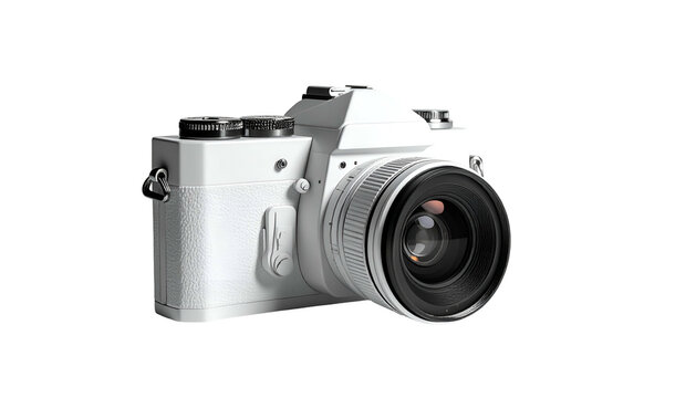 A white digital camera is shown isolated on a black background, angled towards the viewer