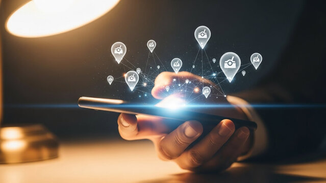 Global Location Services: Mobile Network with Connected GPS Pins Emitting a Bright Digital Glow from Smartphone.