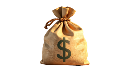 A beige burlap sack tied with rope, featuring a dollar sign on it