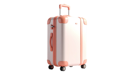 A pastel pink and peach rolling suitcase on a black background