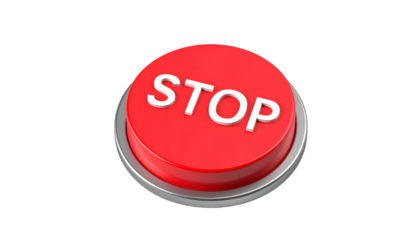 A large, raised, round red button with the word "STOP" in white text