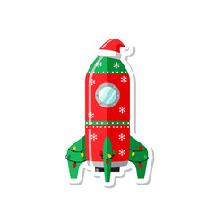 Naklejka premium Christmas Rocket Sticker with Santa Hat and Festive Decorations.