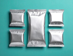 Metallic packaging pouches in varying sizes against a teal backdrop