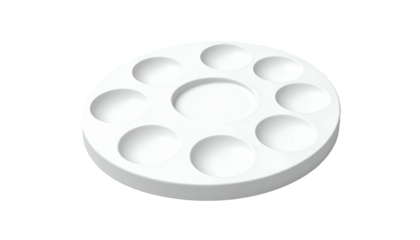 White, circular art supply palette with various rounded wells. Angled perspective