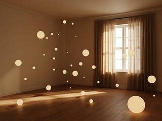 An ethereal ambiance created by glowing orbs in a sunlit minimal interior