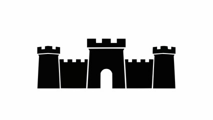 Black silhouette of a medieval castle with crenellated towers and a central gate.