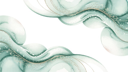 An ethereal watercolor background featuring soft, wavy lines and abstract shapes in shades of green and gold on a white canvas