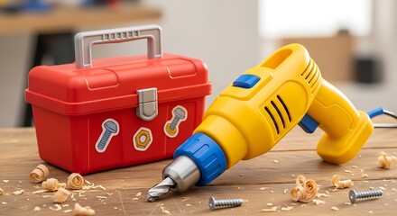 Brightly colored toy toolbox and drill on a wooden surface with shavings
