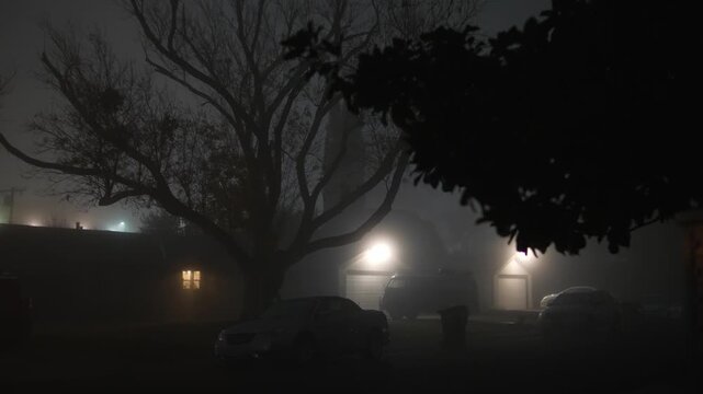 Foggy night street with parked cars, glowing house windows and trees in dense mist