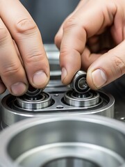 Close-up installation of ball bearings on metal housing machinery detail