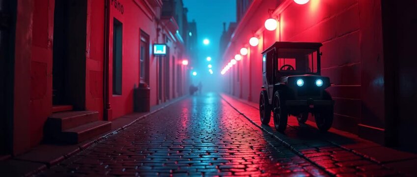 Vintage car glides slowly down a misty, neon-lit alleyway while the camera gently pans, capturing a cinematic, atmospheric scene with ambient light flicker and rich colors.
