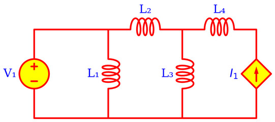 Inductive Ladder Network Circuit Diagram with Independent Voltage Source and Dependent Current Source &ndash; Electrical Engineering Schematic for RL Circuit Analysis, Nodal Method and Education