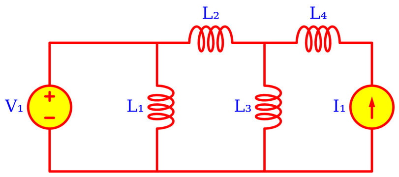 inductive Ladder Network Circuit Diagram with Multiple Inductors, Voltage Source and Current Source &ndash; Electrical Engineering Schematic for RL Circuit Analysis, Transient Response and Education