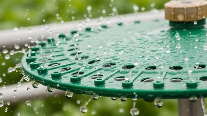Water droplets cascading from a green lawn sprinkler, garden irrigation