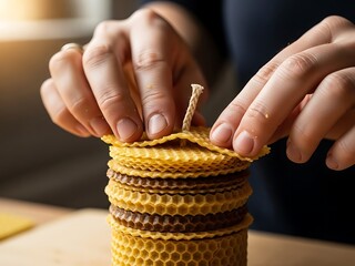 Creating a Honeycomb Candle with Beeswax Sheets and Natural Wick Close-Up