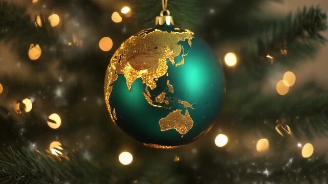 Elegant Christmas world concept showing a golden world map engraved on a green glass globe