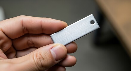 Hand Holding a Brushed Metal Tag with a Hole For Industrial Design