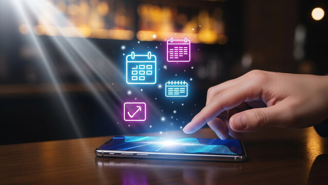 Digital Planning and Organization: Hand Interacting with a Smartphone Displaying Glowing Calendar and Checklist Icons.