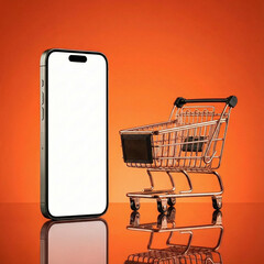 smartphone and shopping cart with orange background