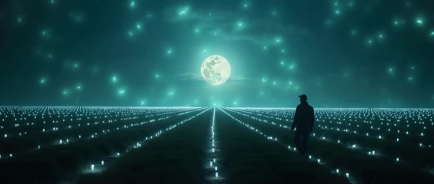 Silhouette walks through illuminated field under full moon, as camera slowly pans, capturing the serene, cinematic landscape with gentle ambient light shifts, perfect for tranquil scenes.