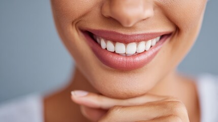 Obraz premium A close-up of a woman smiling, showcasing bright white teeth and a natural, confident expression, conveying happiness and positivity.