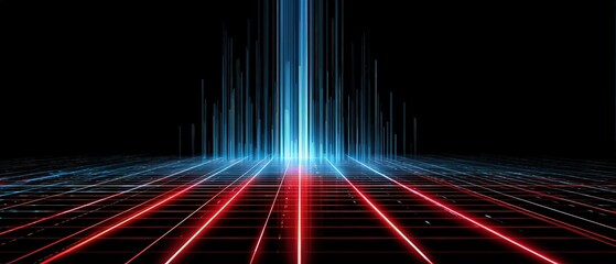 A futuristic digital landscape featuring glowing blue and red lines converging at a bright center against a black background.