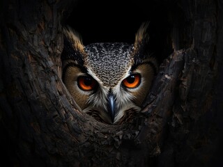 Owl peering from tree hollow