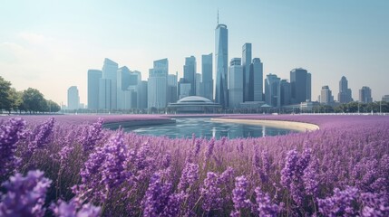Vibrant cityscape amidst lavender fields