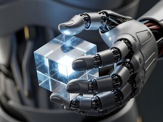Robotic hand holding a glowing cube suggesting artificial intelligence