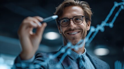 A confident businessman analyzes data trends on a digital screen, smiling as he engages in strategic planning and decision-making in a modern office setting.