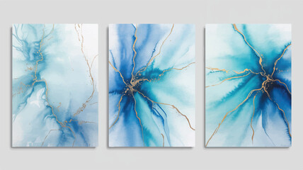 A triptych of abstract blue artworks with gold accents on a clean background from a frontal viewpoint